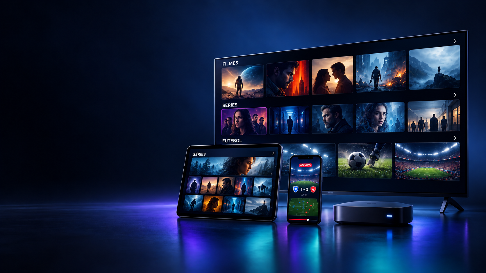 Smart TV, tablet, celular e dispositivo de streaming com conteúdos de entretenimento
